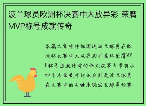 波兰球员欧洲杯决赛中大放异彩 荣膺MVP称号成就传奇