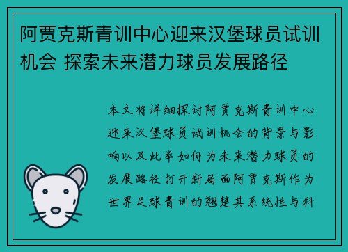 阿贾克斯青训中心迎来汉堡球员试训机会 探索未来潜力球员发展路径